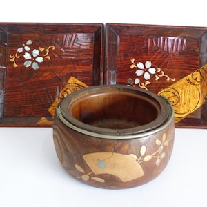 Antique Wooden Hibachi braizer & 2 trays with Maki-e and mother-of-pearl Incrustation for Japanese Tea ceremony,Hand made,HAS DEFECTS #S7173