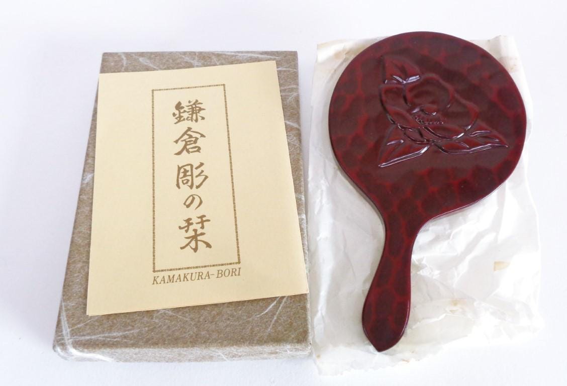 Hand Mirror Japanese Kamakura-bori Wooden Art Hand Carved Flower