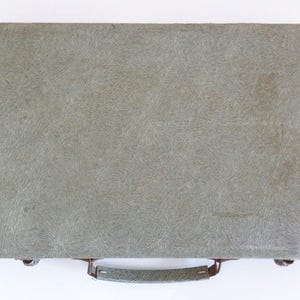 May include: A vintage, rectangular briefcase in a muted green hue. The case features a textured surface and a handle with metal hardware. The briefcase is closed and appears to be empty.