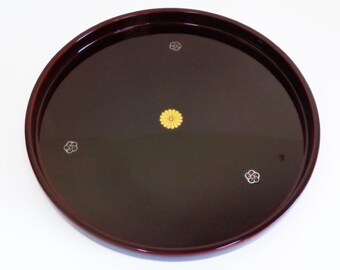Japanese handmade wooden tray Urushi lacquered, Mother-of-pearl inlay & Samuray crest, unused  #8504