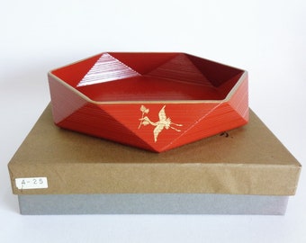 8281# Bowl for snacks, Vtg. Japanese Hand made "faceted diamond" form Lacquered wood Bowl, Urushi Lacquer Gold Maki-e "Flying Crane" , boxed