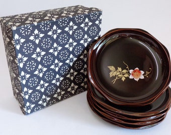 Japanese Urushi lacquer Kashiki Tea plates, dessert serving dishes set 5 pcs. ,Boxed #S4693