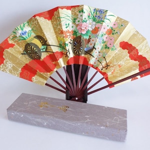Decorative Sensu fan ,Japanese paper-bamboo foldable fan with Bamboo stand, boxed #S6126