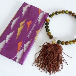 Buddhist prayer Green-Yellow stone beads or malas with Mala beads pouch  Japanese Buddhist Juzu Prayer beads & Case #S7228