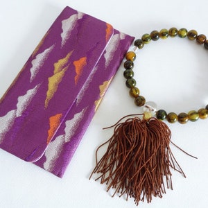 S7228# Buddhist prayer Green-Yellow stone beads or malas with Mala beads pouch  Japanese Buddhist Juzu Prayer beads & Case