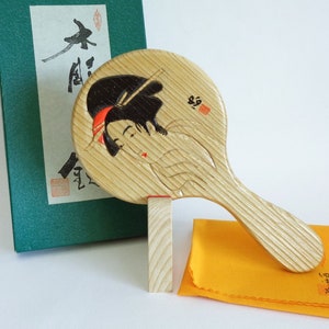 Geisha Hand Mirror Hand made signed by Artist,Japanese wooden Beauty mirror with carved Geisha pattern and Stand,Genuine Box #S7312