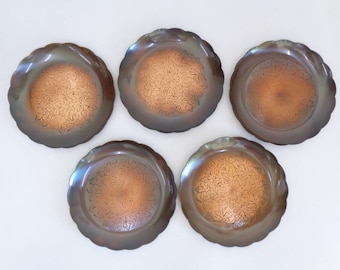Japanese Pure copper Sweet's-dessert plates with carved leaves set 5 pcs., Marked, #8501