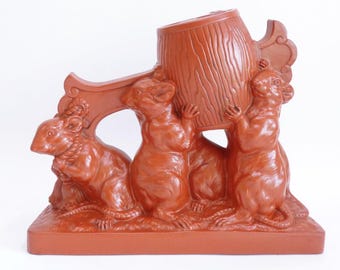 Rats with Uchide-no-Kozuchi Lucky Mallet sculpture Okimono, Japanese Tokoname Red Clay large statuette #8490
