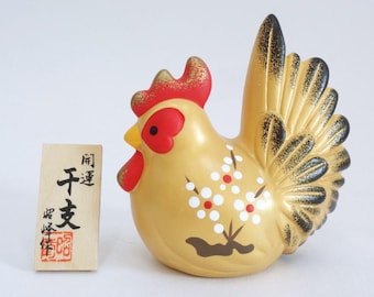 Rooster Chicken Okimono Japanese Yakushi-Kiln Zodiac ceramic statuette & wooden Sign-board #8503