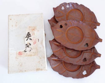 Cast iron Chataku coaster set-5pcs. Japanese Nambu-Tekki craft, Handmade, Signed, boxed, Showa era #8503
