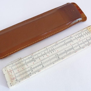Sun Hemmi Slide Ruler in Lather Case, Old Japanese High-quality Hemmi laminated ruler ,made in Japan, Sliding Panel HAS DEFECT,  8490
