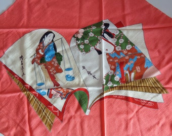 Furoshiki cloth Ukiyo-e design, Japanese Chirimen Fabric wrapping cloth, Vintage unused ,YELLOW STAINS #7210