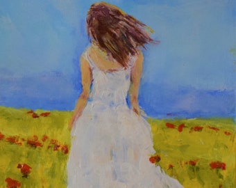 Original painting, one of a kind art, poppies, figurative, 9x12 inches, "Poppy Dreaming"