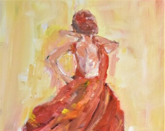 original painting (not a print), one of a kind, ballerina, dancer, lady in red, 9x12 inches