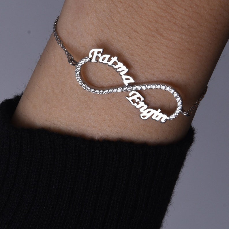 Zircon Stone Jewelry Double Name Jewelry Silver Infinity Bracelet Anniversary Gift For Wife Personalized Handwriting Bracelet Her Gift