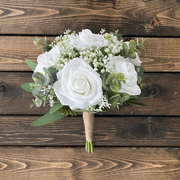 White Rose Bridal Bouquet, White Rose Bridesmaid Bouquet, Wedding Bouquet, Matching Boutonniere, White Rose baby's breath Bouquet