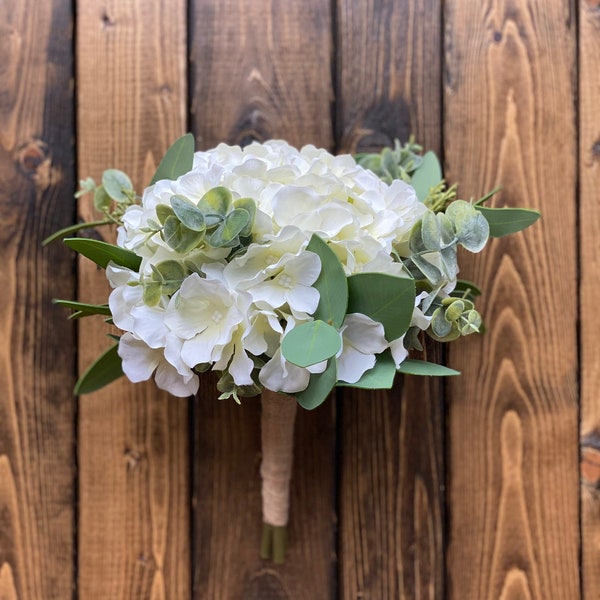 Ivory Hydrangea & Eucalyptus Bridesmaid Bouquet, Ivory Bridal Bouquet,