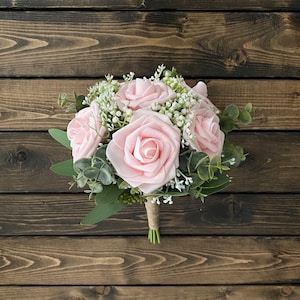 Pink Rose Bridal Bouquet, Pink Rose Bridesmaid Bouquet, Wedding Bouquet, Matching Boutonniere, Pink Rose baby&#39;s breath Bouquet