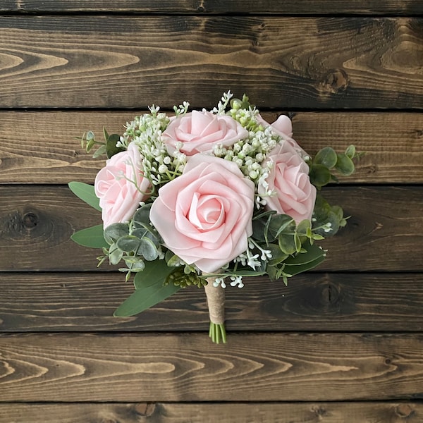 Pink Rose Bridal Bouquet, Pink Rose Bridesmaid Bouquet, Wedding Bouquet, Matching Boutonniere, Pink Rose baby's breath Bouquet