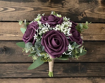 Plum Rose Bridal Bouquet, Plum Rose Bridesmaid Bouquet, Wedding Bouquet, Matching Boutonniere, Plum Rose baby's breath Bouquet, Purple