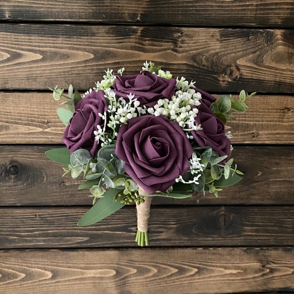 Plum Rose Bridal Bouquet, Plum Rose Bridesmaid Bouquet, Wedding Bouquet, Matching Boutonniere, Plum Rose baby's breath Bouquet, Purple