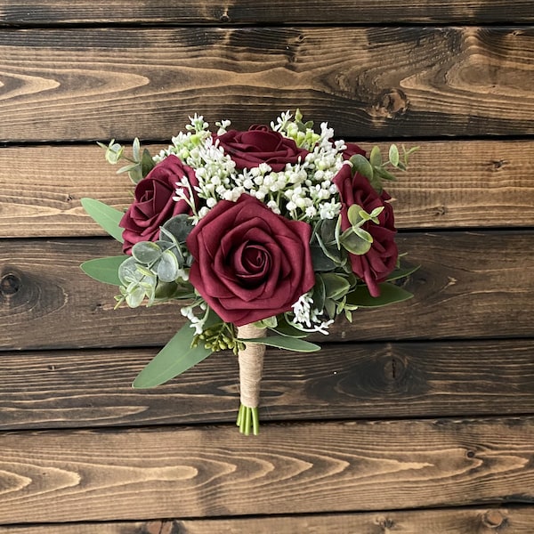 Burgundy Rose Bridal Bouquet, Burgundy Rose Bridesmaid Bouquet, Wedding Bouquet, Matching Boutonniere, Burgundy Rose baby's breath Bouquet