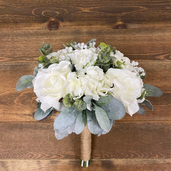 Ivory Rose and Hydrangea Bridal Bridesmaid Wedding Bouquet,Matching Boutonniere, Lambs Ear Eucalyptus Rustic Cream Bouquet, Ivory Bouquet