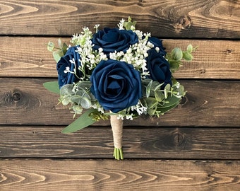 Navy Rose Bridal Bouquet, Navy Rose Bridesmaid Bouquet, Wedding Bouquet, Matching Boutonniere, Navy Rose baby's breath Bouquet