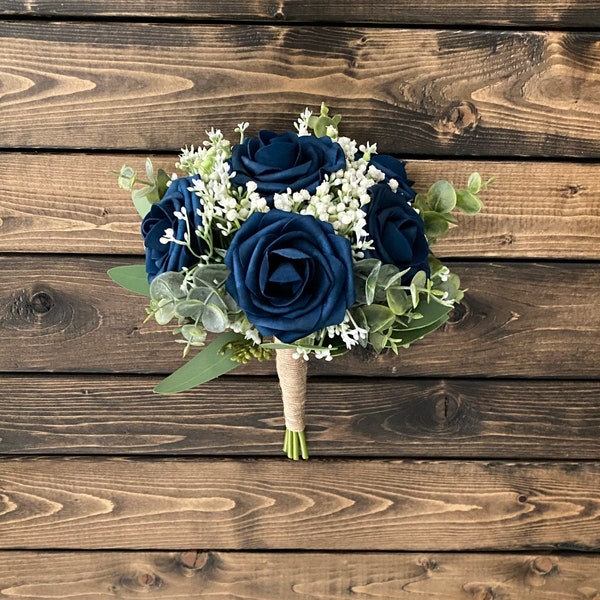 Navy Rose Bridal Bouquet, Navy Rose Bridesmaid Bouquet, Wedding Bouquet, Matching Boutonniere, Navy Rose baby's breath Bouquet