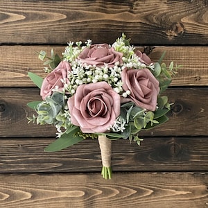 Dusty Rose Bridal Bouquet, Dusty Rose Bridesmaid Bouquet, Wedding Bouquet, Matching Boutonniere, Dusty Rose Eucalyptus Bouquet