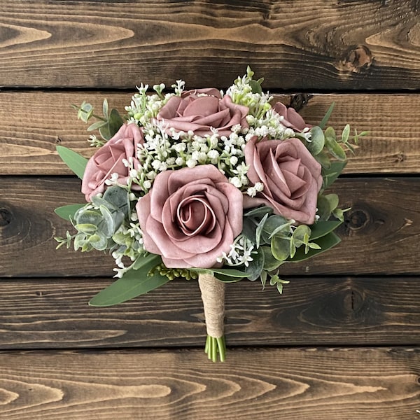 Dusty Rose Bridal Bouquet, Dusty Rose Bridesmaid Bouquet, Wedding Bouquet, Matching Boutonniere, Dusty Rose Eucalyptus Bouquet