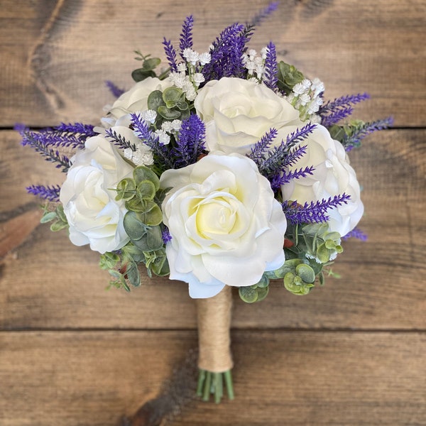 Lavender, Baby's Breath & Ivory Rose Bridal Bouquet, Bridesmaid Bouquet, Affordable Bridal Bouquet,Fall, Barn, Matching Boutonniere, simple