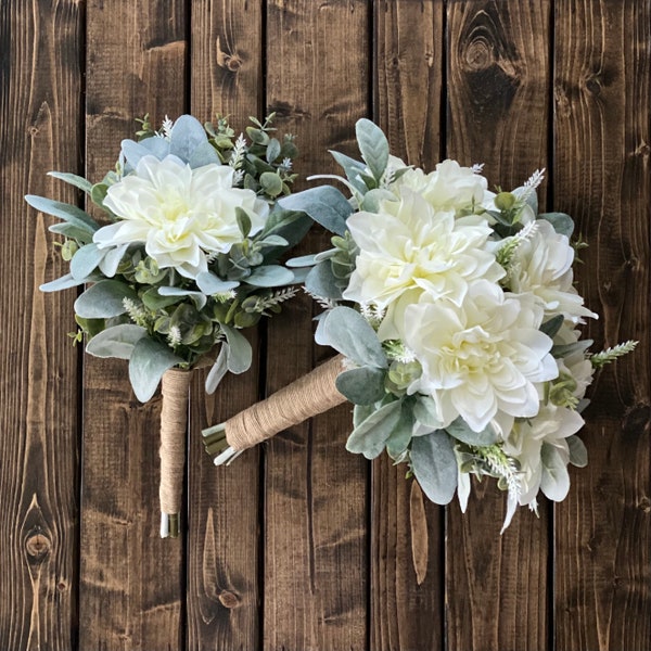 Ivory Dahlia White Lavender & Eucalyptus w/ Lamb's Ear Bridal Bouquet, Bridesmaid Bouquet, Simple Bouquet, Matching Boutonniere