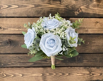 Light Blue Rose Bridal Bouquet, Powder Blue Rose Bridesmaid Bouquet, Wedding Bouquet, Matching Boutonniere, Dusty Blue Bouquet