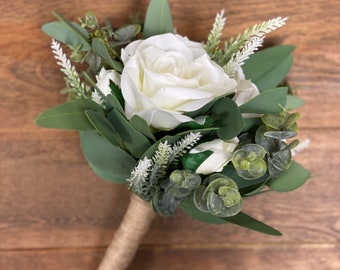 Ivory Rose and Eucalyptus Bouquet; Ivory and Greenery Bouquet, Simple Bouquet; Bridal Bouquet, Eucalyptus Boutonniere