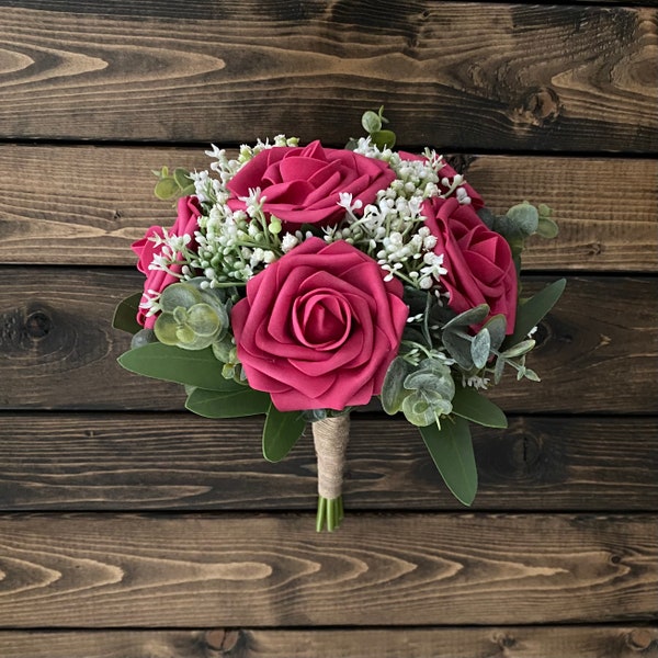 Hot Pink Rose Bridal Bouquet, Hot Pink Rose Bridesmaid Bouquet, Wedding Bouquet, Matching Boutonniere, Fuchsia Rose baby's breath Bouquet