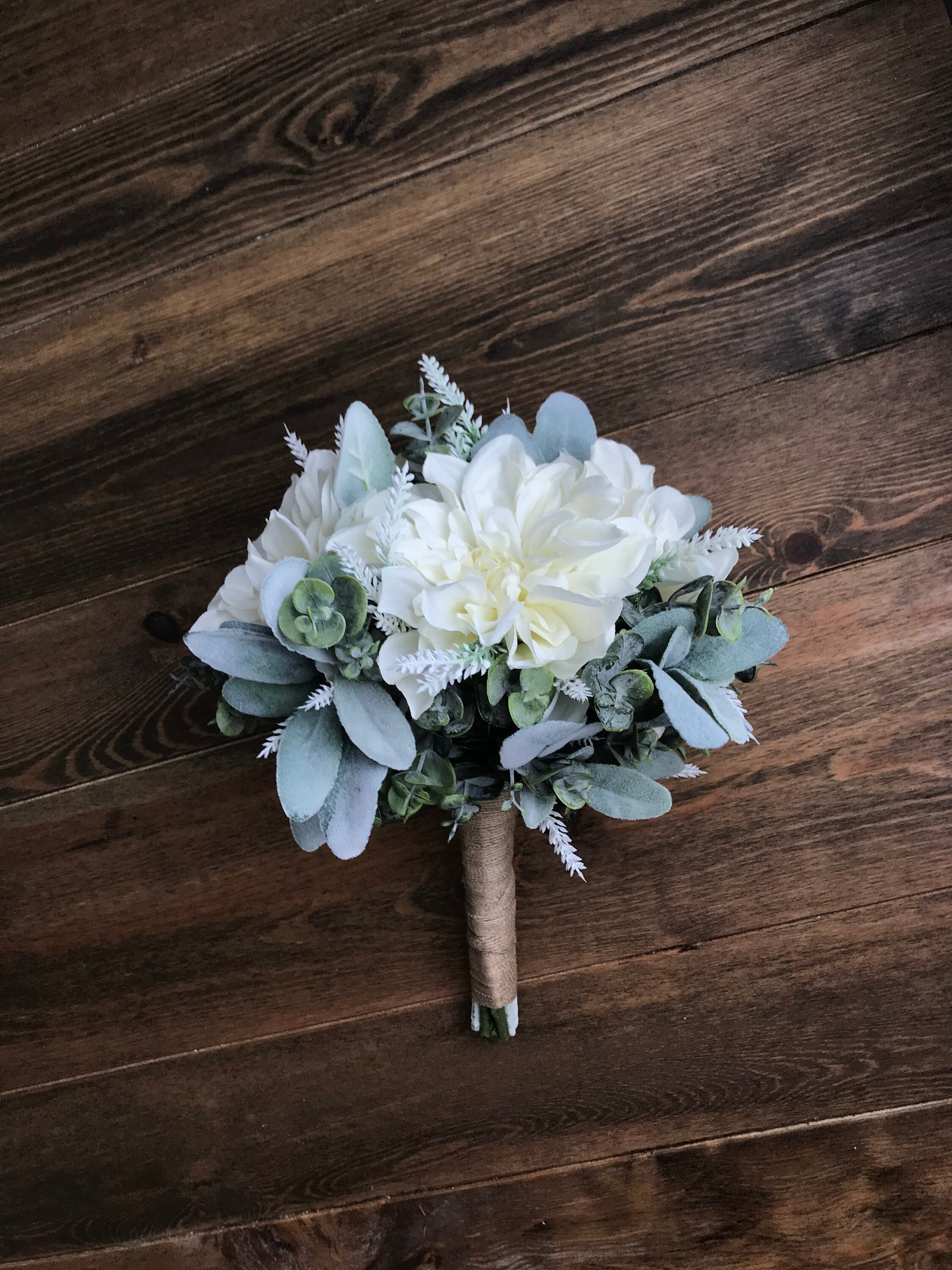 Ivory Dahlia White Lavender & Eucalyptus w/ Lamb's Ear Bridal Bou…