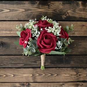 Red Rose Bridal Bouquet, Red Rose Bridesmaid Bouquet, Wedding Bouquet, Matching Boutonniere, Red baby&#39;s breath Bouquet