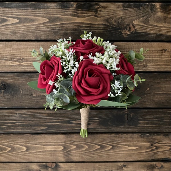 Red Rose Bridal Bouquet, Red Rose Bridesmaid Bouquet, Wedding Bouquet, Matching Boutonniere, Red baby's breath Bouquet