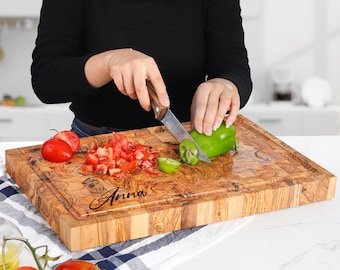 Olive Wood End Grain Cutting Board: Serving Tray with Juice Groove