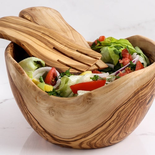 Large Olive Wood Bowl Handmade With 2 Salad Servers Wooden Etsy