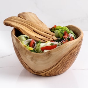 Olive Wood Salad Bowl Handmade | Large Rustic Wooden Bowl with Salad Servers (FREE Personalization & Organic Wood Conditioner)