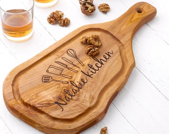 Handmade Olive Wood Cutting Board: Paddle Charcuterie Board with Juice Groove