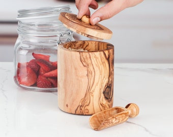jalz jalz Olive Wood Salt Box and Cellar Solid Wood Condiment Pots with Mini Spoon,Kitchen Salt Pepper Spice Storage Container