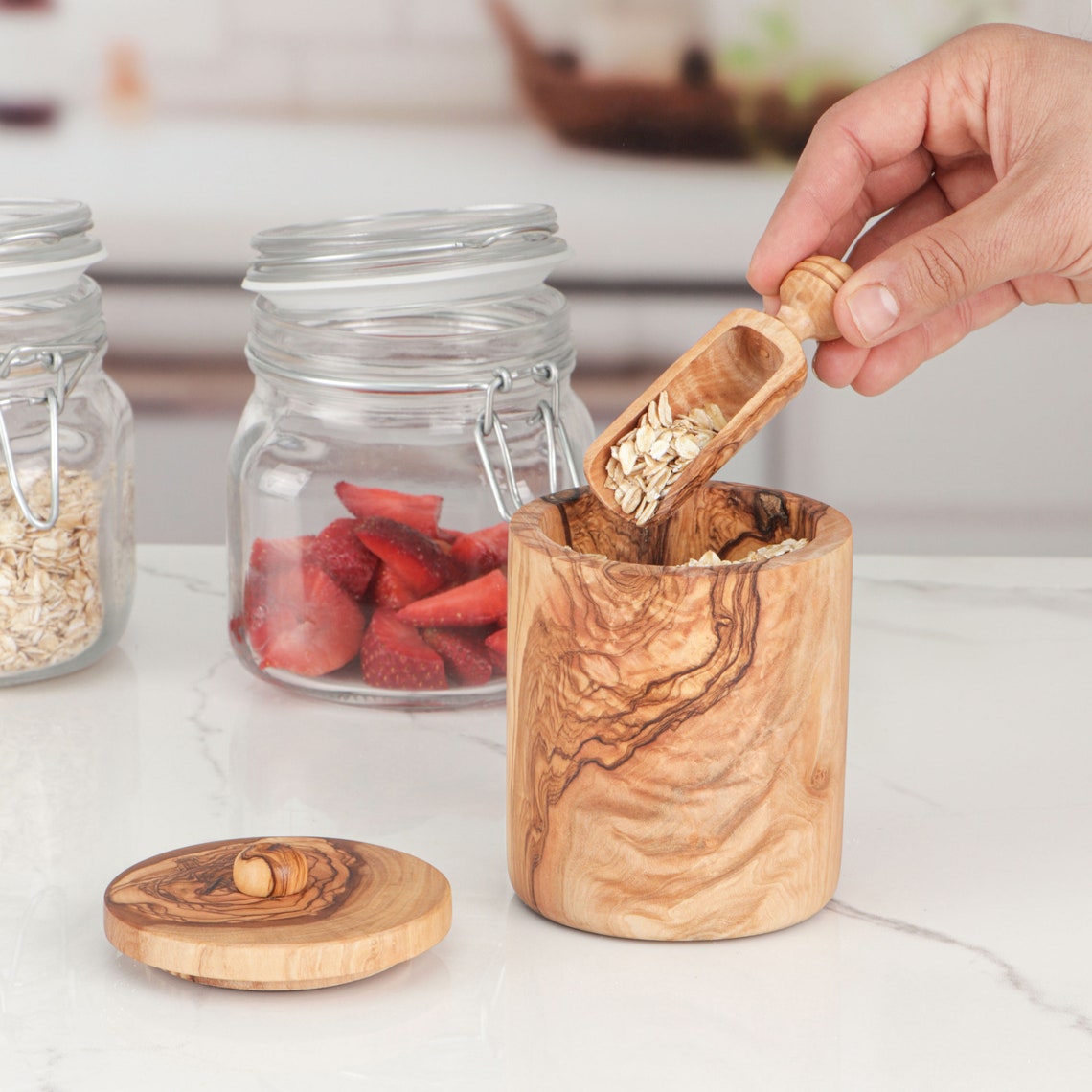 Salt Box Handmade of Olive Wood Salt Cellar With Lid & Spoon Etsy