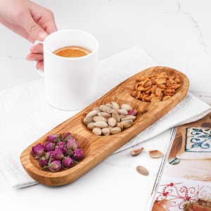Divided Serving dish handmade of Tunisian Olive Wood | Engraved Plate for Serving (+Free Personalization & Wood Conditioner Pot)