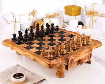 Chess Set Handmade from Tunisian Olive Wood| Wooden Chess Sets with Board| Roommate Gift (Free Personalization+ Wood Conditioner Pot)