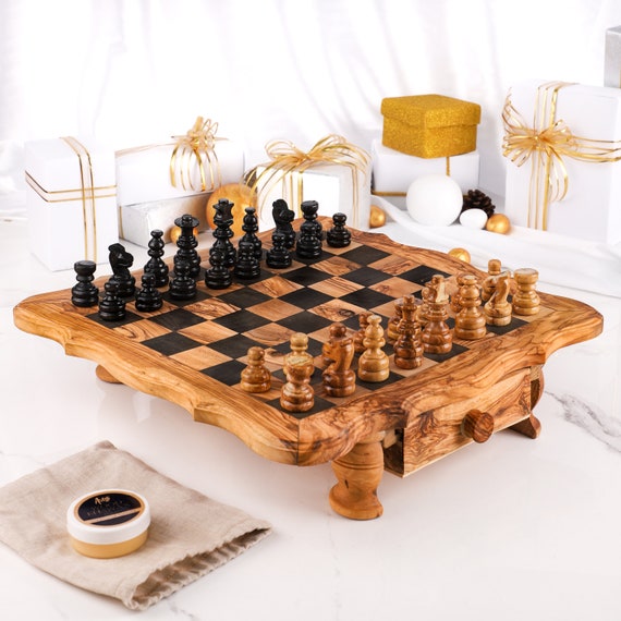 12 Inches Handmade Wooden Style Chess Set With Storage Space Travel Chess Board 