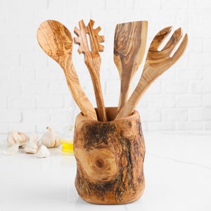 Set of Wooden Kitchen Utensils With a Utensil Holder Nonstick Cookware  Utensils Handmade From Olive Wood FREE Peronslization & Beeswax 