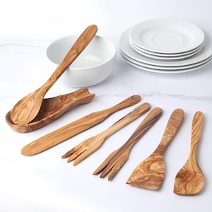 Olive Wood Utensil Set: Wooden Spoons, Spatula, Salad Servers & Spoon Rest +GIFT Beeswax kit